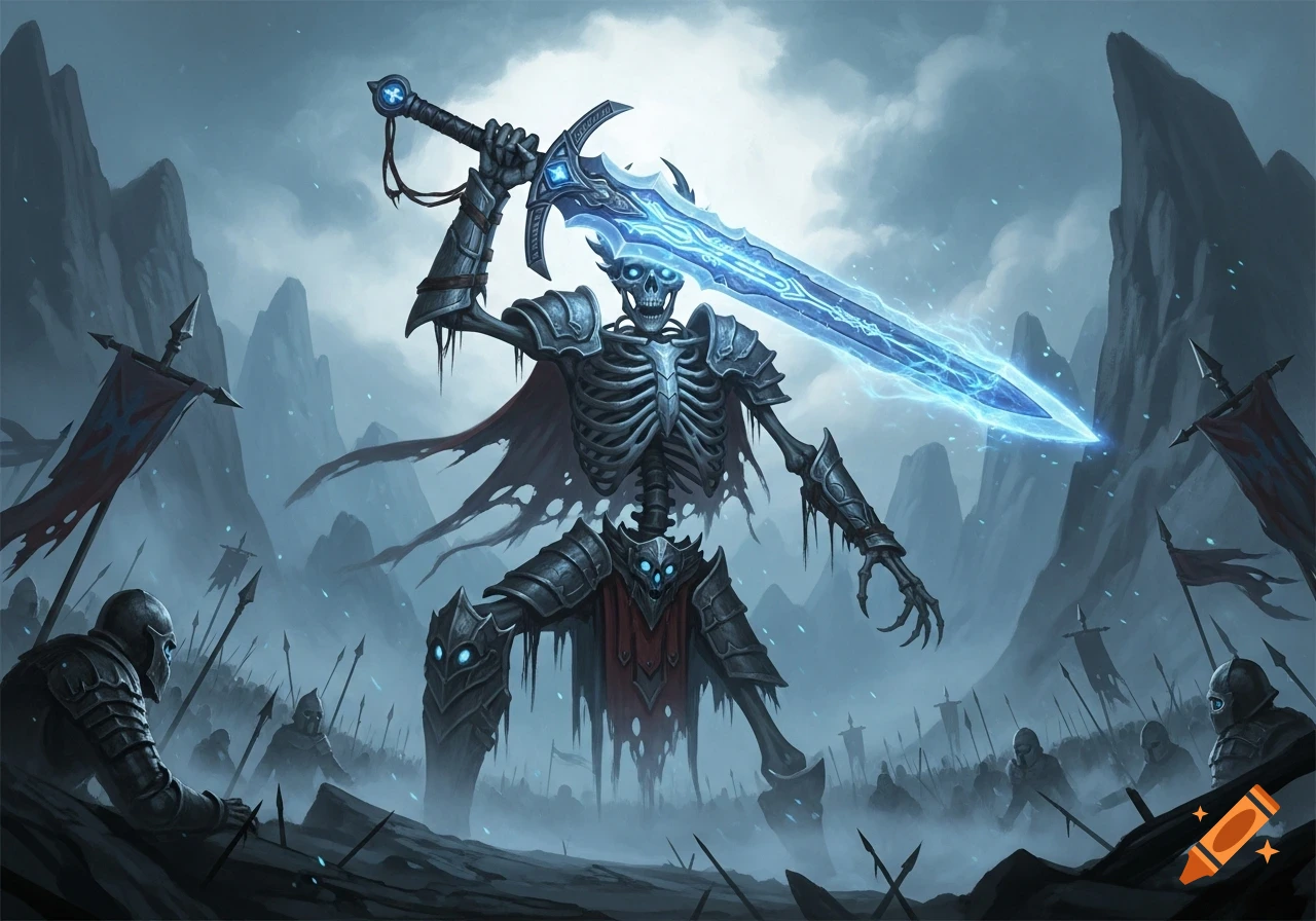 A giant skeleton warrior in armor wields a glowing blue sword on a foggy battlefield with other fighters and mountains in a dark fantasy style.