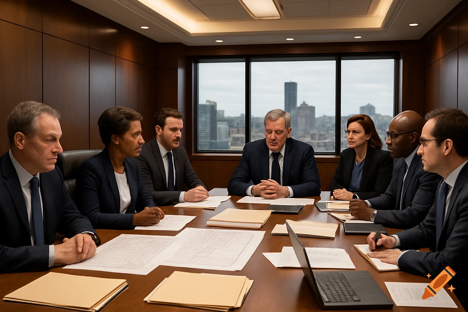 A diverse group of professionals in suits sitting around a large conference table in a modern boardroom with a city view.