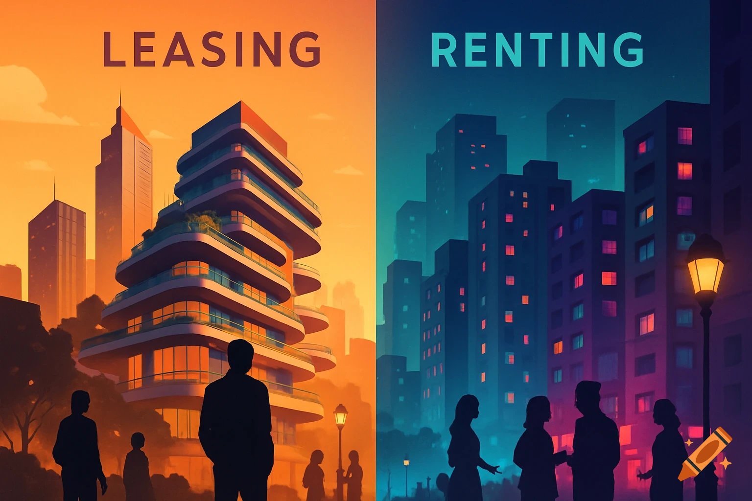 Stylized cityscape split: warm orange side with 'LEASING' and a modern, curvy building; cool blue side with 'RENTING' and traditional buildings, with silhouetted people.