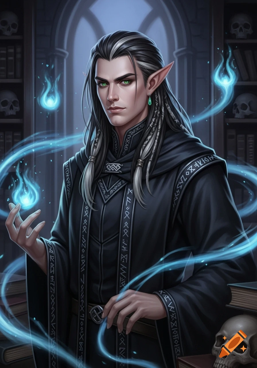 Portrait of a male elven wizard with pale skin, dark hair with silver streaks, and green eyes, wearing a black runic robe and casting blue magic in a dimly lit library.
