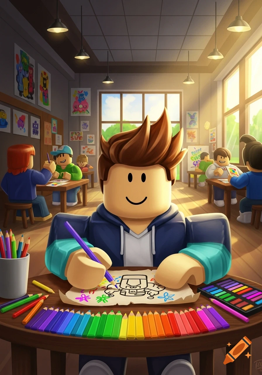 A Roblox character draws a robot with colorful pencils in a bright art classroom filled with other Roblox students and artwork.