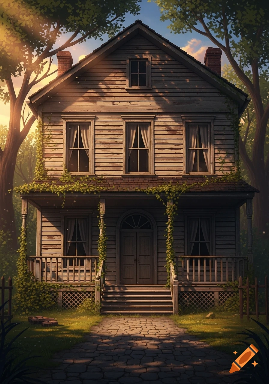 An old wooden two-story house with a porch and vines, surrounded by trees, with a stone path leading to its front door under a sunny sky.