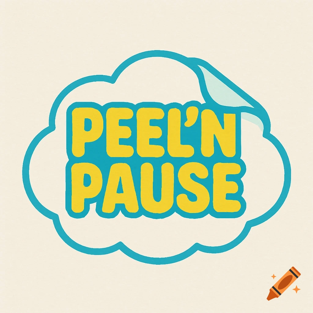 A playful logo with the words "PEEL'N PAUSE" in bold yellow letters with a blue outline, set inside a blue cloud shape. The top right corner of the cloud is peeled back like a sticker.