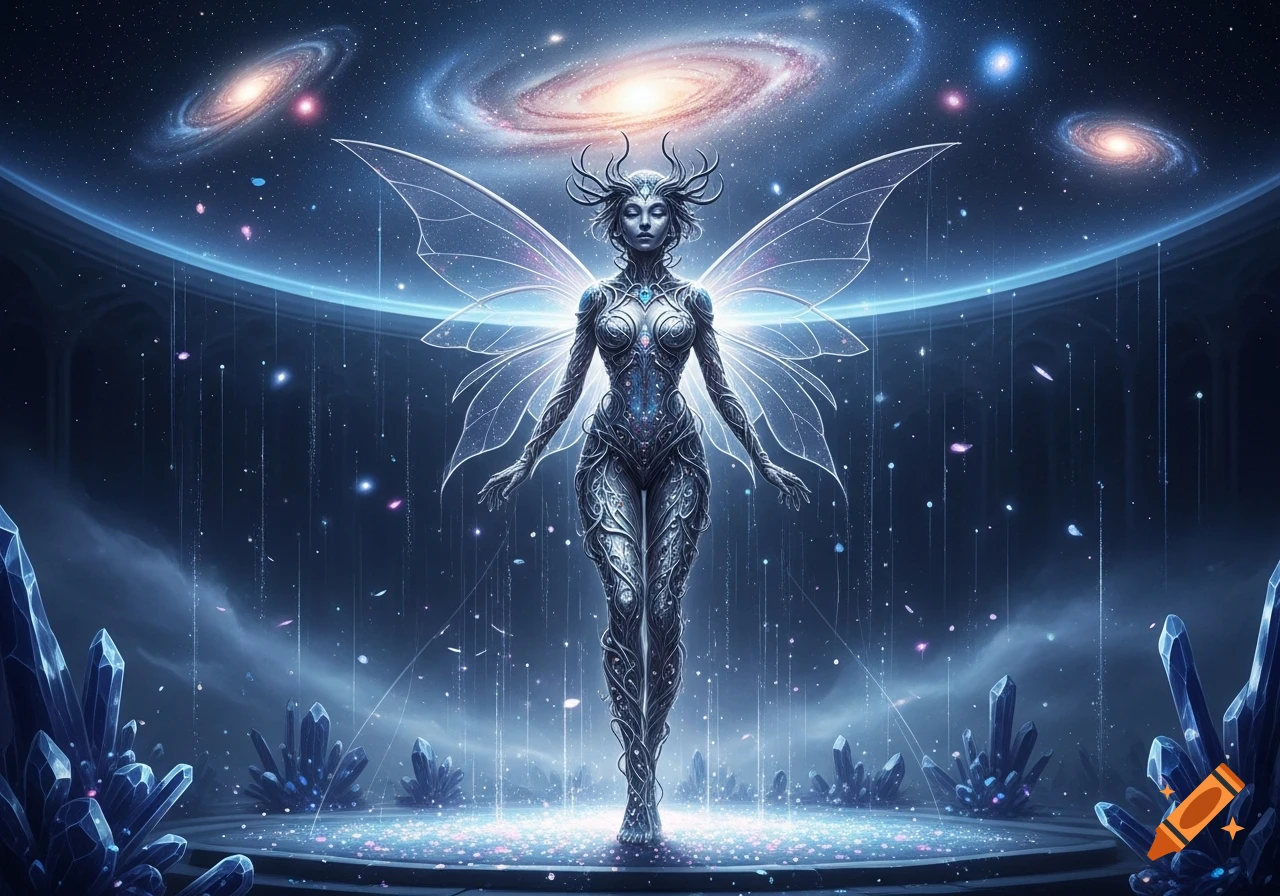 A cosmic fairy with clear wings and an intricate metallic body stands on a glowing platform surrounded by blue crystals and galaxies.