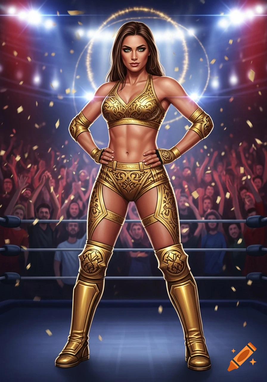 Illustrated biracial woman in gold wrestling gear stands confidently in a brightly lit ring with a cheering crowd.