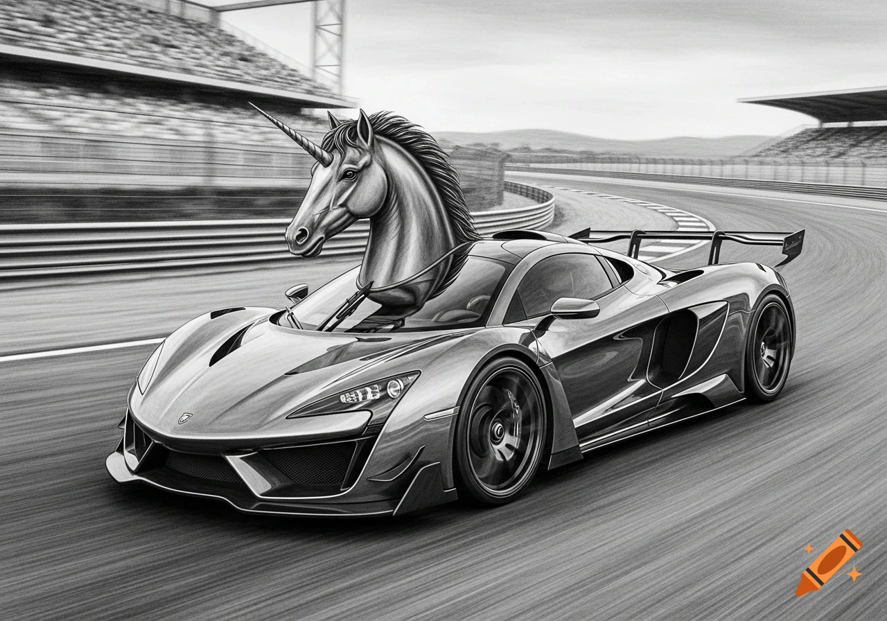 A black and white hand-drawn unicorn hypercar speeds on a race track.