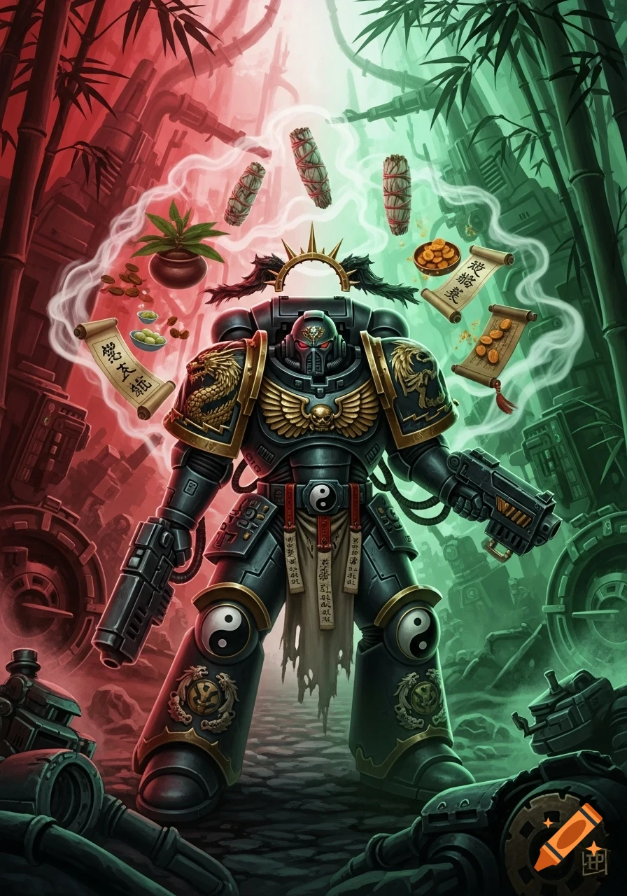 A detailed illustration of a Warhammer 40k Space Marine with a Chinese medicine theme, featuring yin-yang symbols, bamboo, and scrolls against a red and green background.