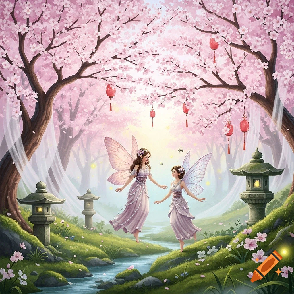 Two fairies float and stand by a stream in a pink cherry blossom forest with Japanese lanterns and stone pagodas, whimsical fantasy art.