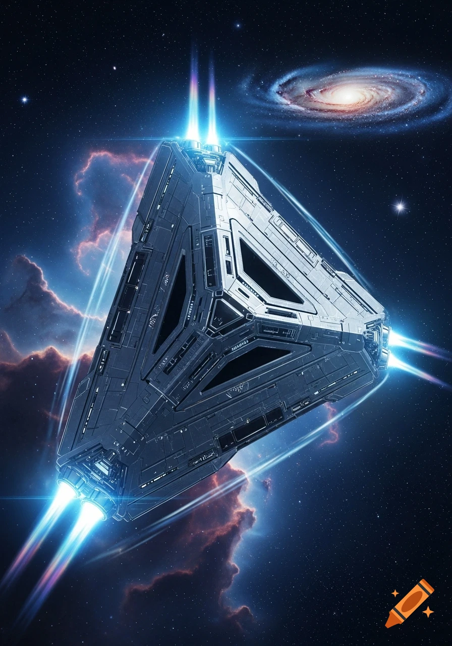 A futuristic triangular spaceship with glowing blue engines flies through a starfield with a spiral galaxy and nebulae.