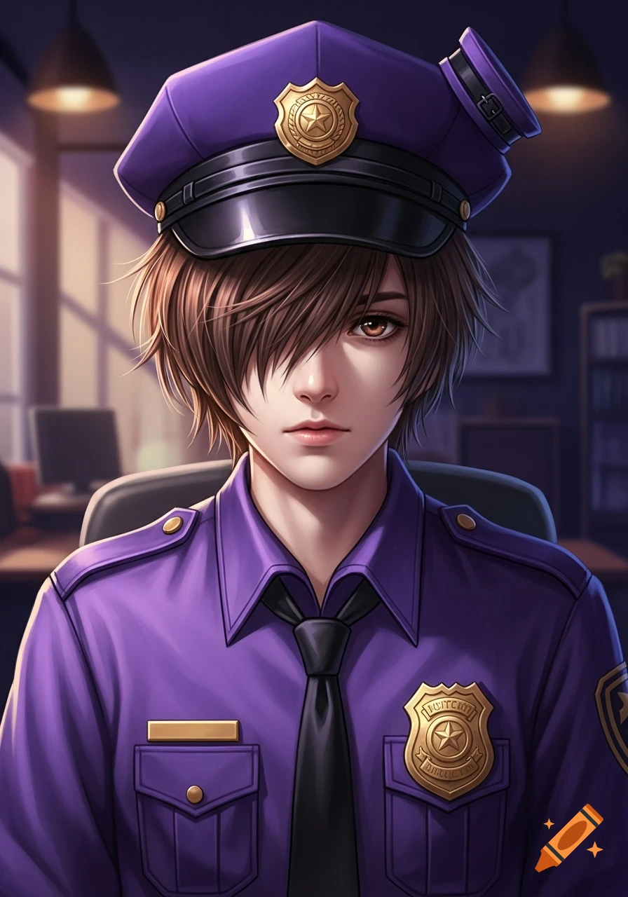 A stylized illustration of an emo boy with messy brown hair and brown eyes, wearing a purple security guard uniform and hat with a golden badge.