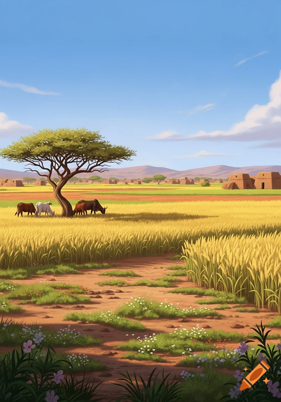 An illustration of a rural landscape with golden fields, a lone tree, and cows grazing near traditional mud buildings under a blue sky.