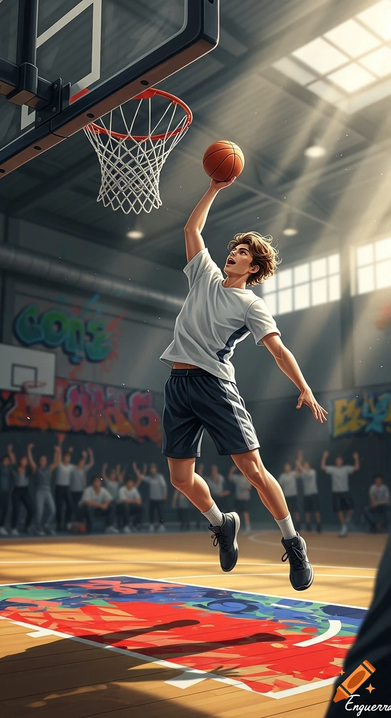 An anime-style young man with brown hair jumps to dunk a basketball in a stylized indoor court, illuminated by sunbeams.
