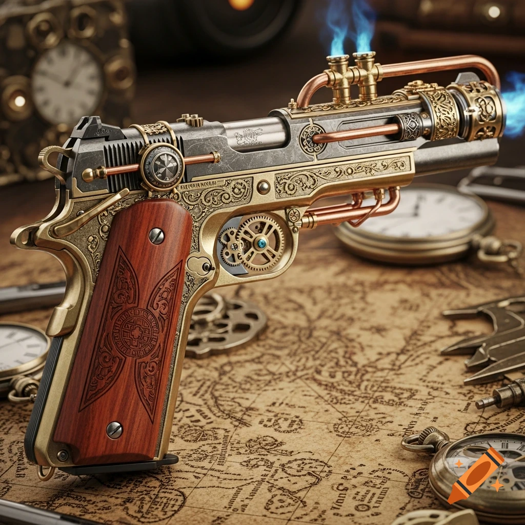 Ornate steampunk pistol with wooden grip and brass accents, emitting blue flames, resting on an antique map with pocket watches.