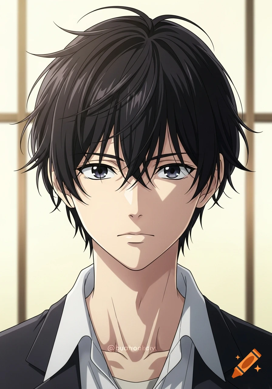 A headshot portrait of a serious anime teenage boy with messy black hair and deep grey eyes, wearing a black jacket, in Japanese anime style.