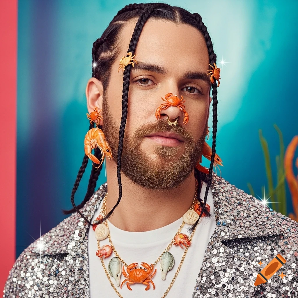 A man with braided hair, a beard, and a sequined jacket, adorned with shrimp earrings, a crab nose ring, and a seafood necklace, against a blue and pink background.