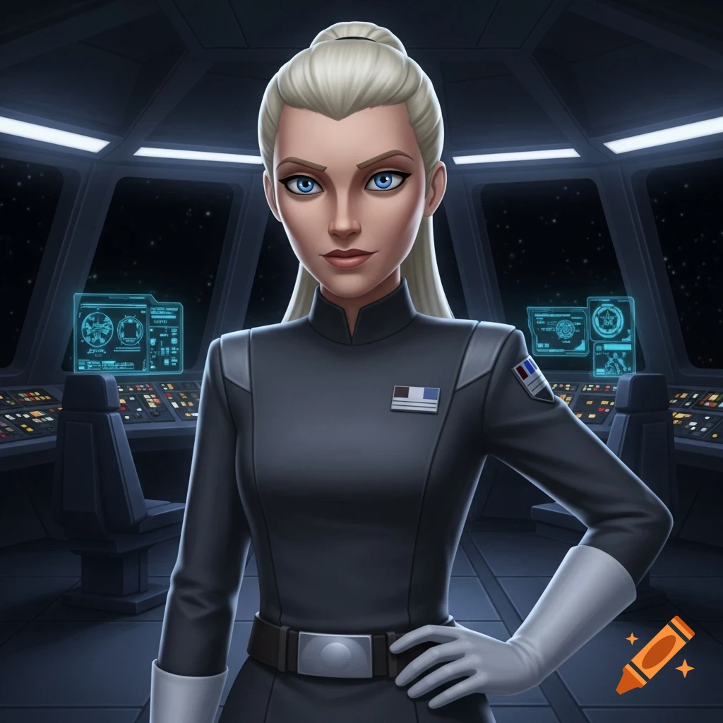 An animated blonde female Imperial officer in a dark uniform stands in a spaceship cockpit.