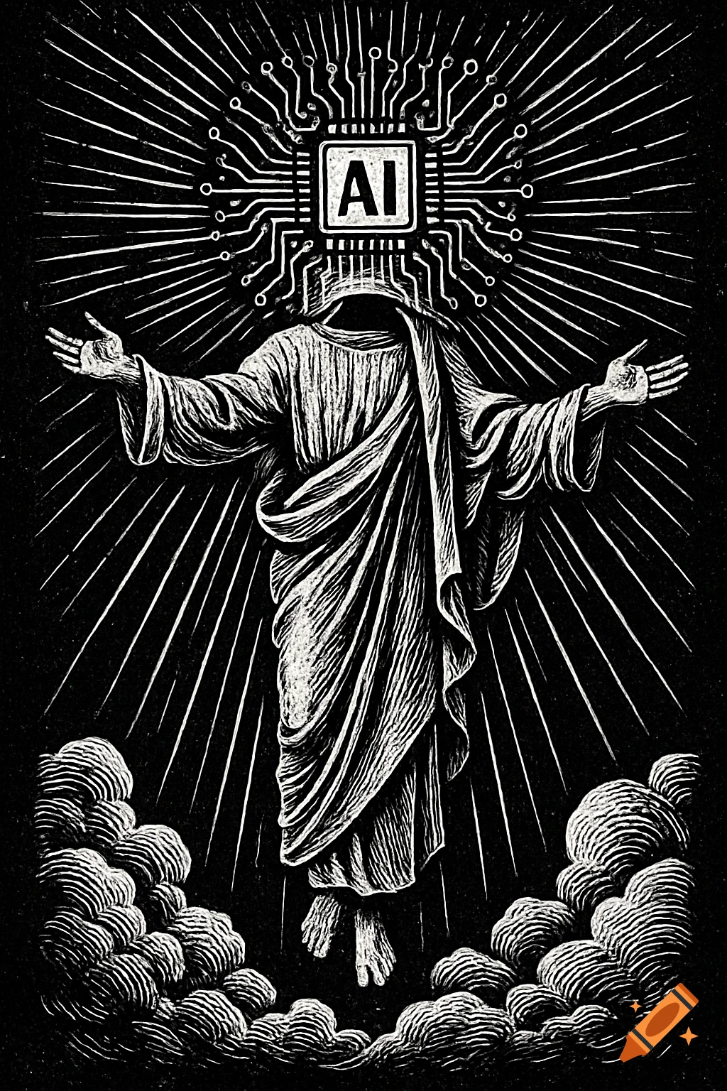 Headless figure in robe with arms spread, an AI microchip as its head and circuit board halo, in black and white woodcut style.