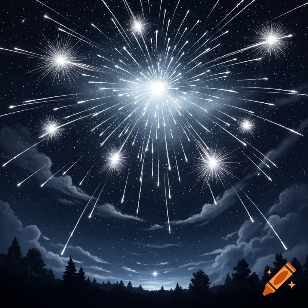 Bright white fireworks explode in a dark, star-filled night sky above a silhouetted forest.