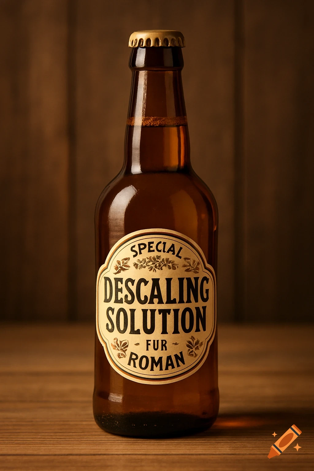 A brown glass bottle, resembling a beer bottle, with a cream-colored label reading "SPECIAL DESCALING SOLUTION FUR ROMAN" on a wooden background.