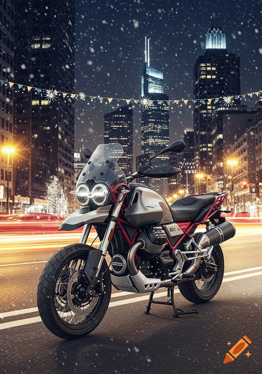 A grey Moto Guzzi V85 TT motorcycle with a red frame parked on a snowy city street at night, with festive lights and tall buildings in the background.