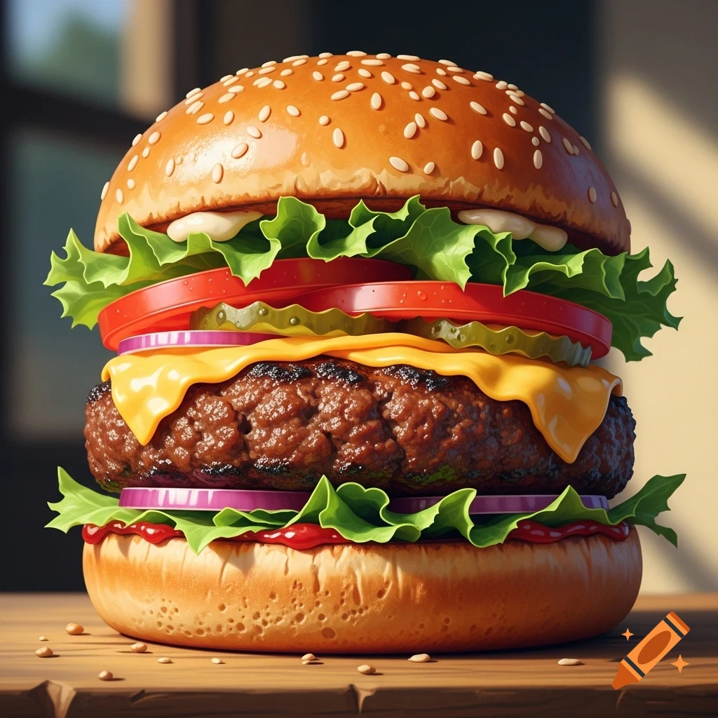A juicy, photorealistic hamburger with a thick patty, melted cheese, lettuce, tomato, pickles, and red onion on a sesame bun, on a wooden table.