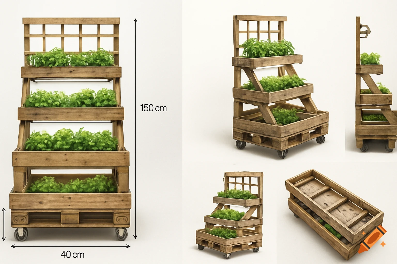 Photorealistic image of a mobile, multi-tiered wooden plant stand with green plants, shown from multiple angles with dimensions.