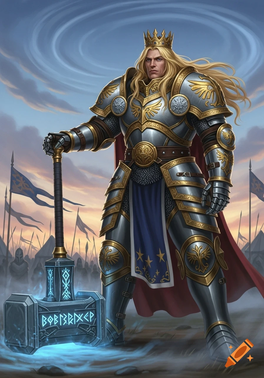 A blonde-haired king in ornate silver and gold royal armor stands holding a glowing warhammer in a battlefield with an army behind him.