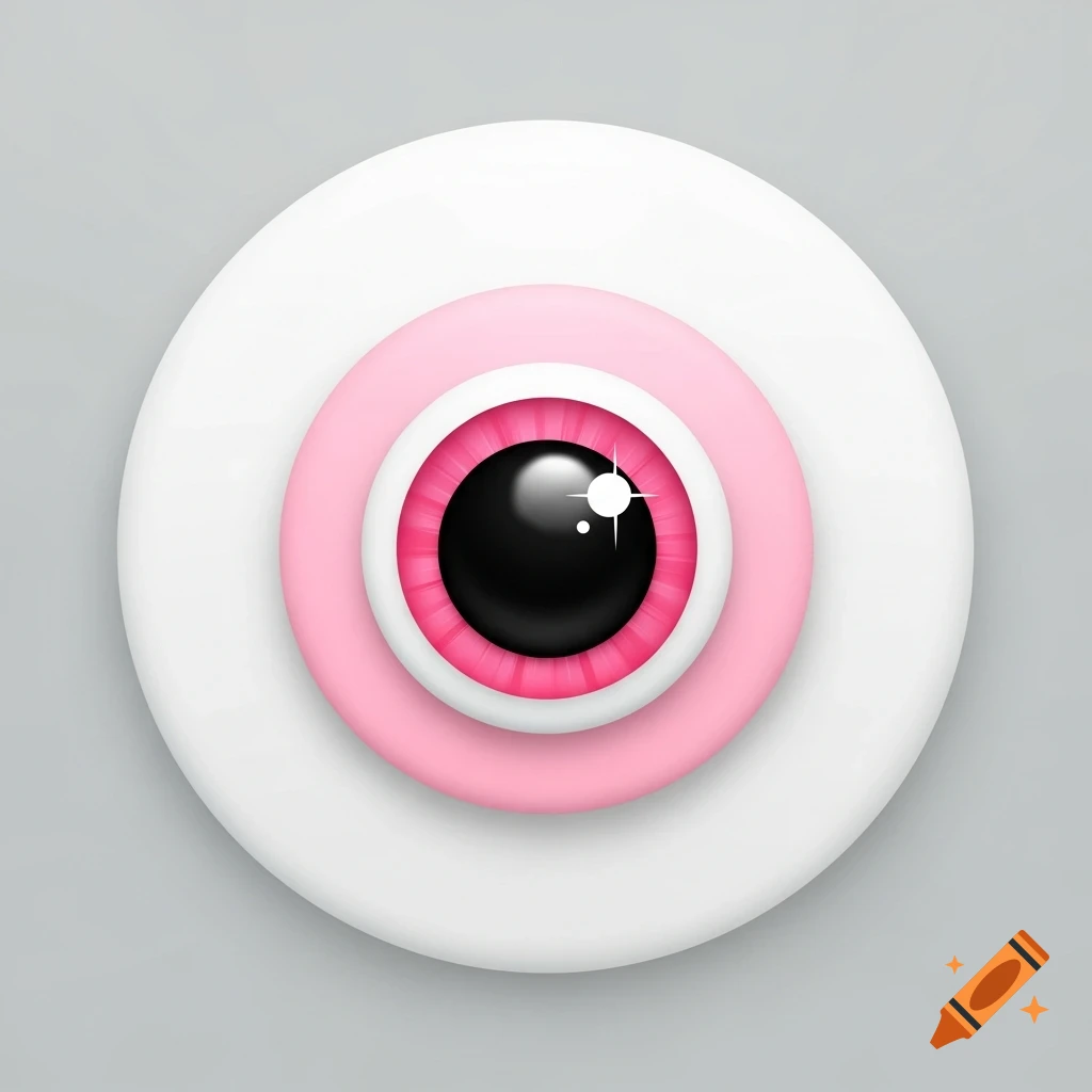 A stylized cartoon eye made of concentric white, pink, and black circles with a white shine.