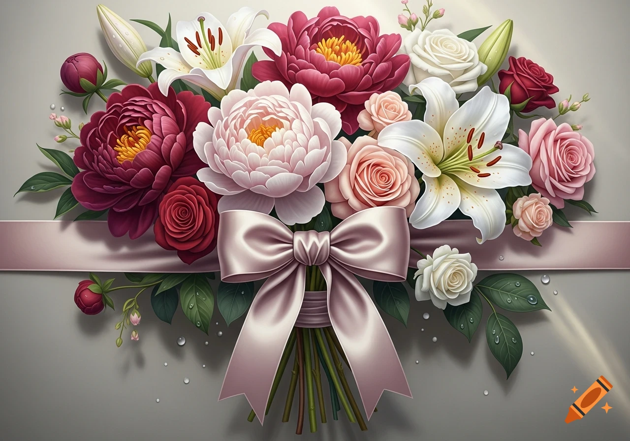 Vibrant bouquet of pink, white, and red peonies, lilies, and roses tied with a satin pink ribbon.