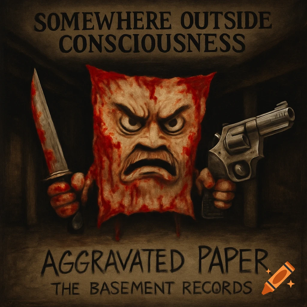Angry, blood-covered paper creature with a knife and revolver, featured on a dark, gritty album cover with text.