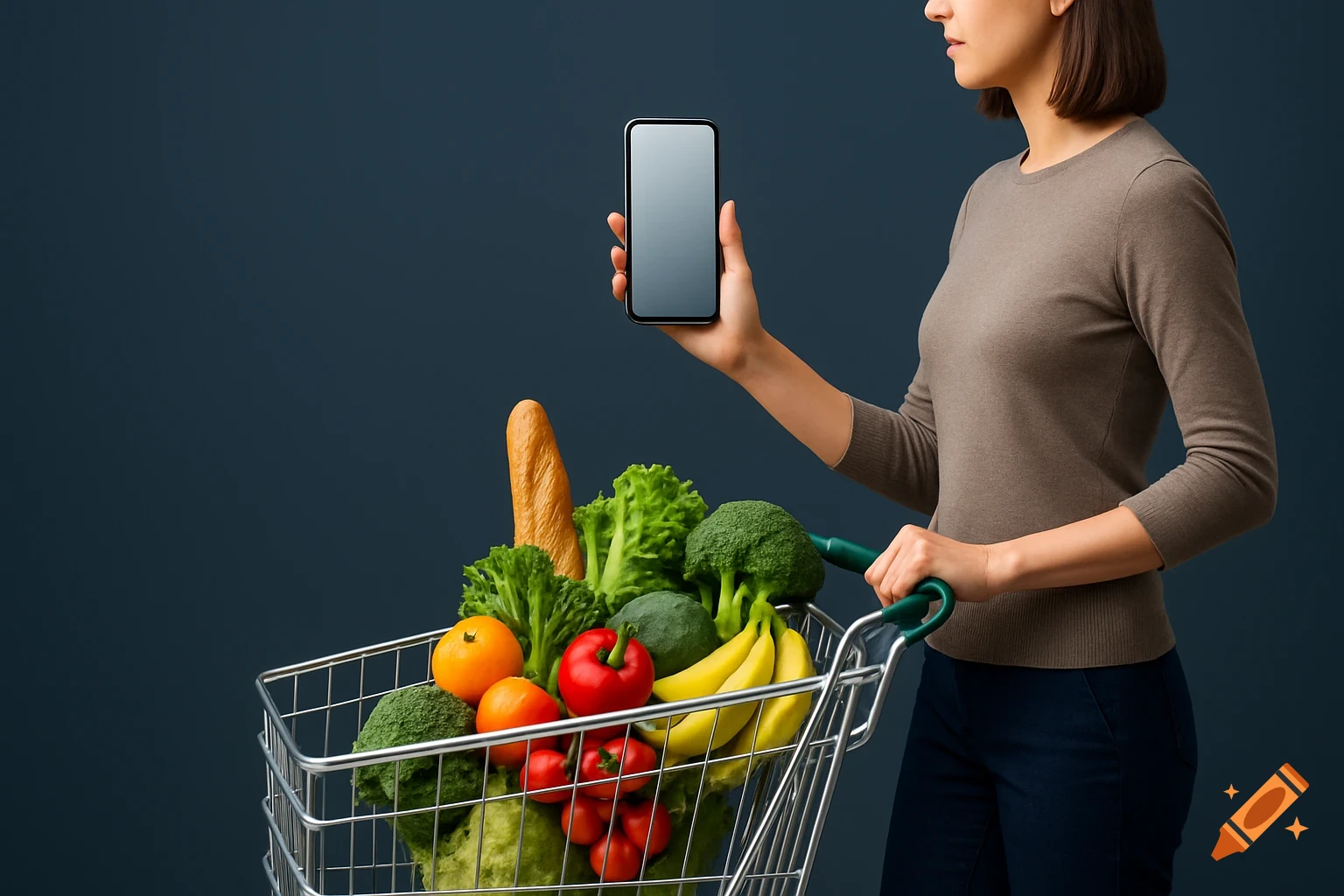 Woman holding a smartphone while pushing a shopping cart filled with fresh groceries like vegetables, fruits, and bread.