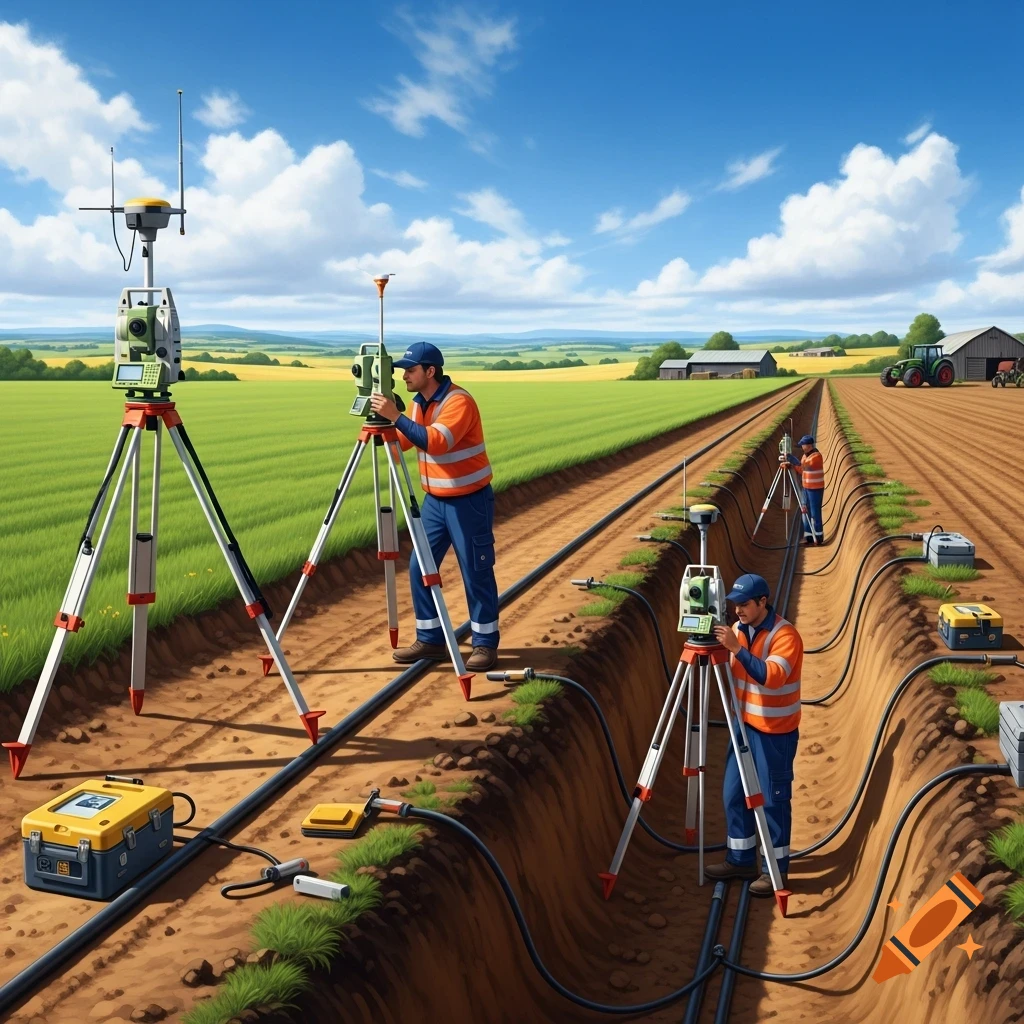 Surveyors measure a power line in an open trench across a sunny rural field with farm buildings and a tractor in the background.