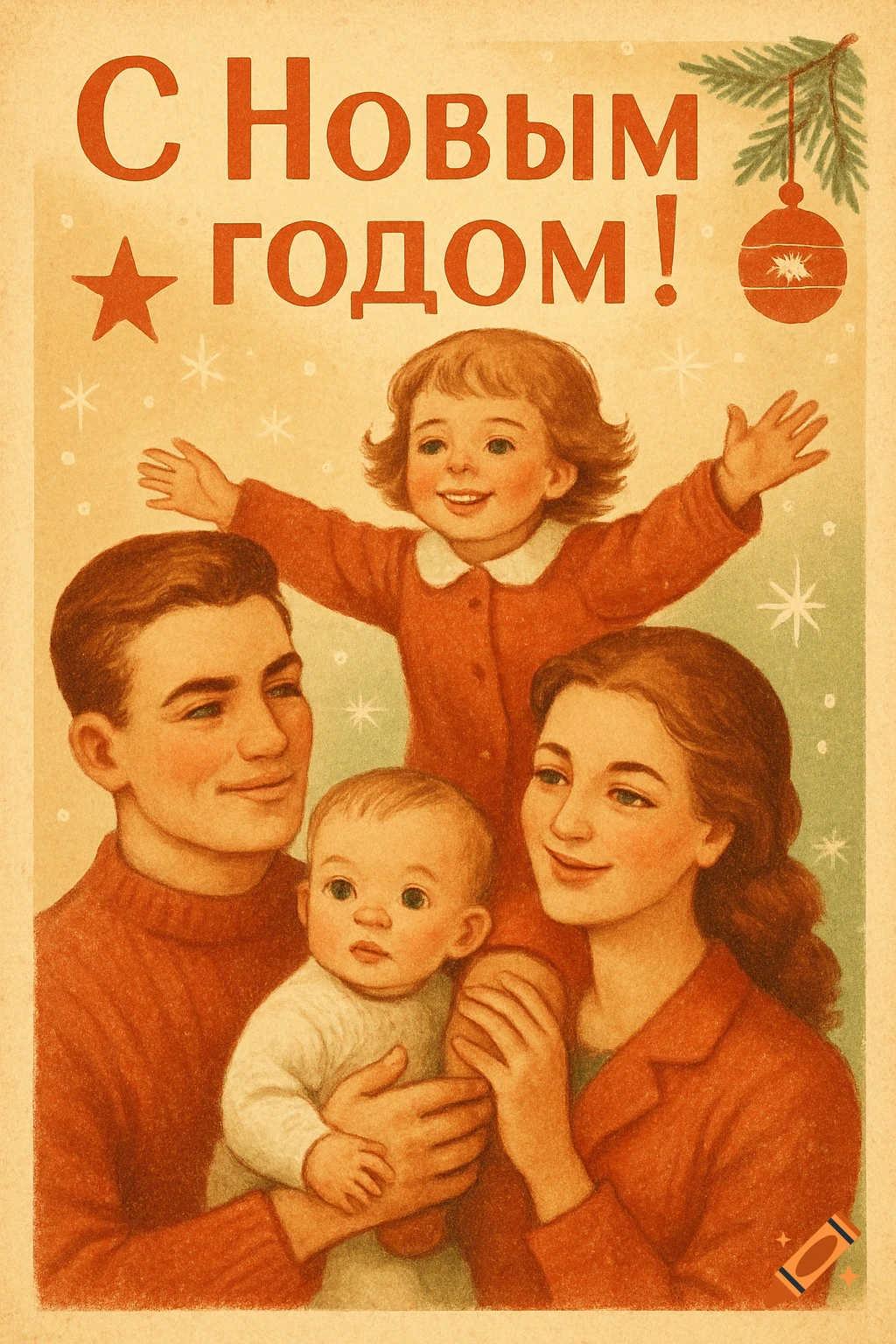 Vintage Soviet-style illustration of a smiling family with two children, 'Happy New Year' in Cyrillic at the top.