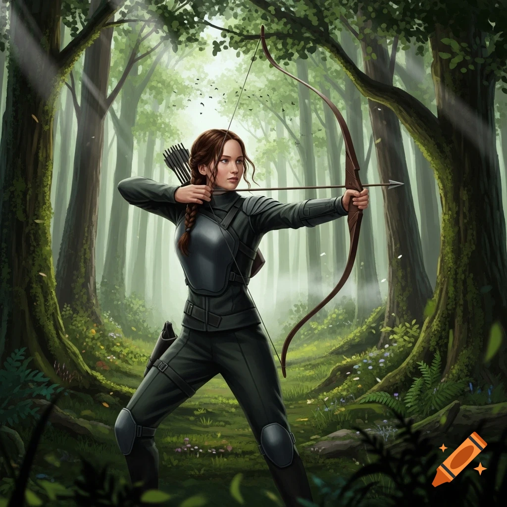 A woman with a braid, in dark protective gear, aims a bow and arrow in a sunlit forest.