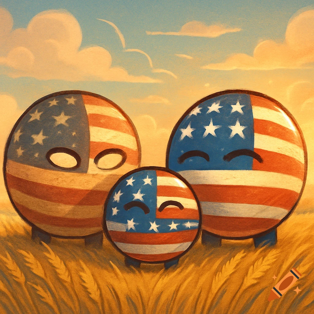A cartoon illustration of three American flag countryballs, two smiling, standing in a golden wheat field under a cloudy sky.