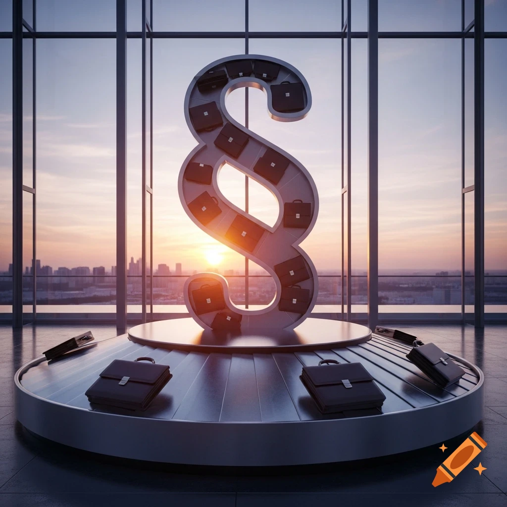 A large paragraph symbol shaped as a baggage carousel, carrying briefcases inside an office building with a sunrise city view.