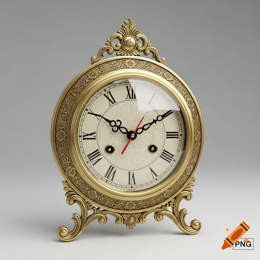An ornate golden antique-style clock with Roman numerals sits on a grey background.