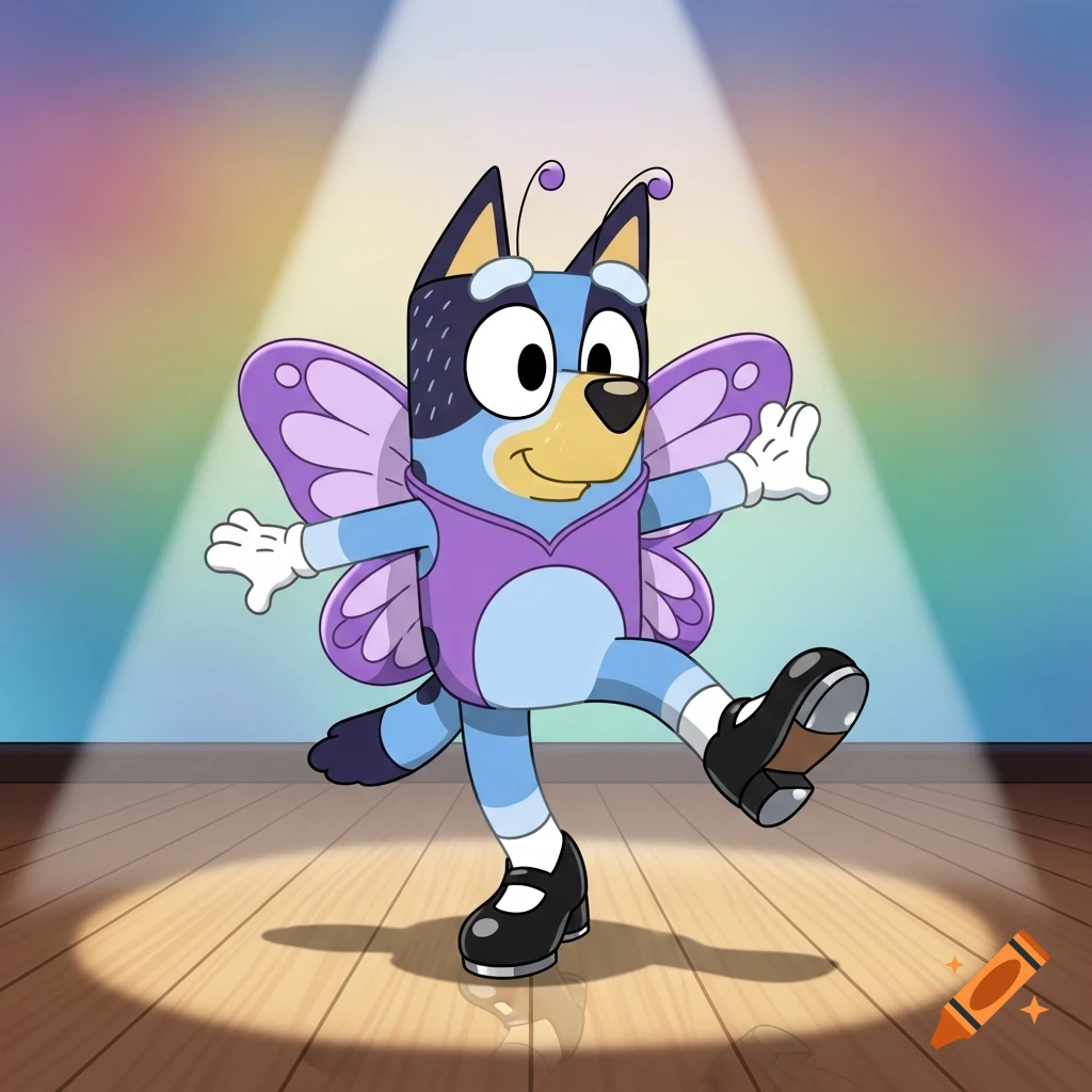 Bluey Heeler tap dancing in a purple butterfly costume on a spotlighted wooden stage.