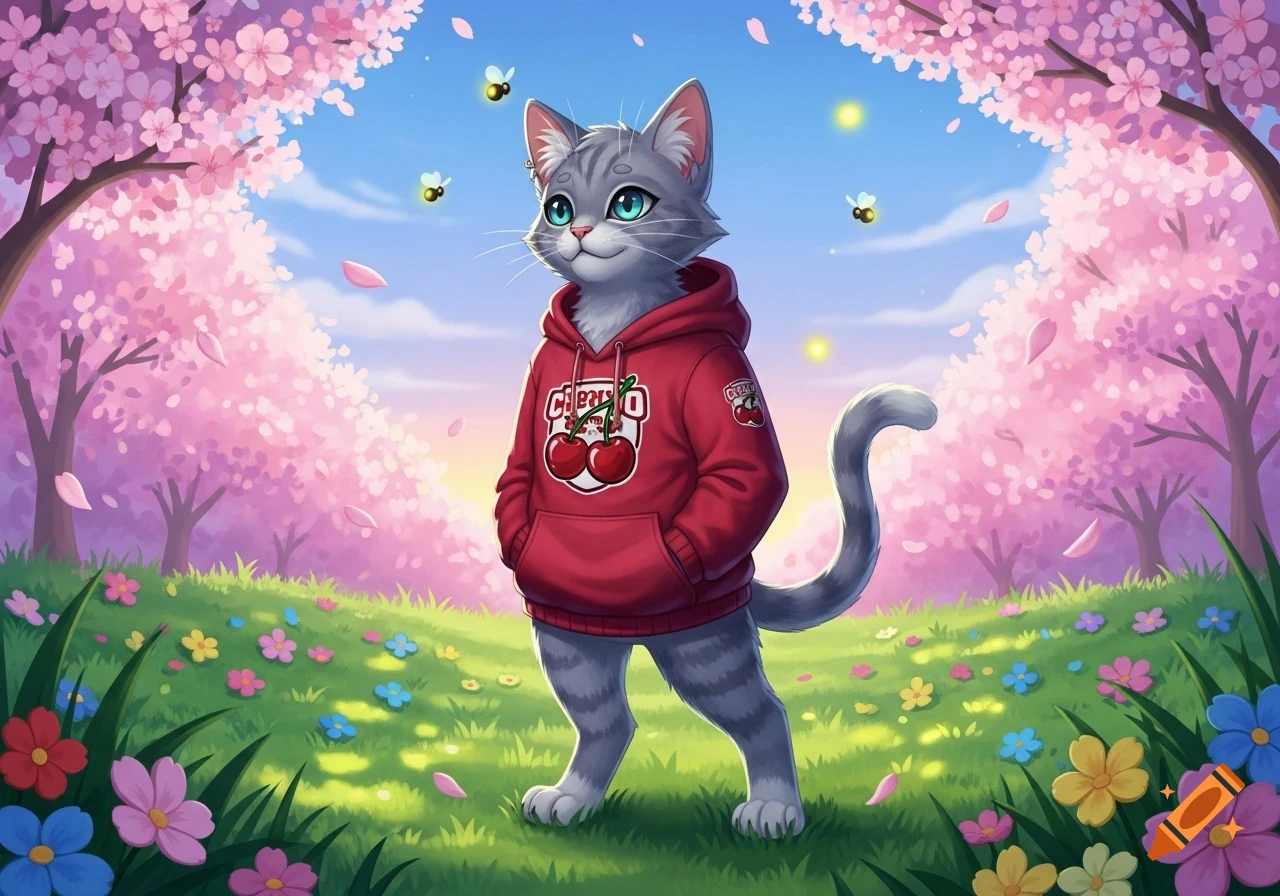 An anthropomorphic gray tabby cat in a red hoodie with a cherry logo stands in a field of colorful flowers under cherry blossom trees and a blue sky.