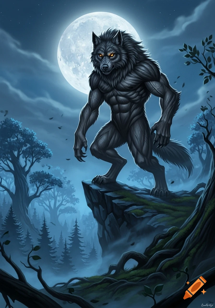 A muscular werewolf with glowing eyes stands on a cliff under a large full moon in a dark, misty forest.