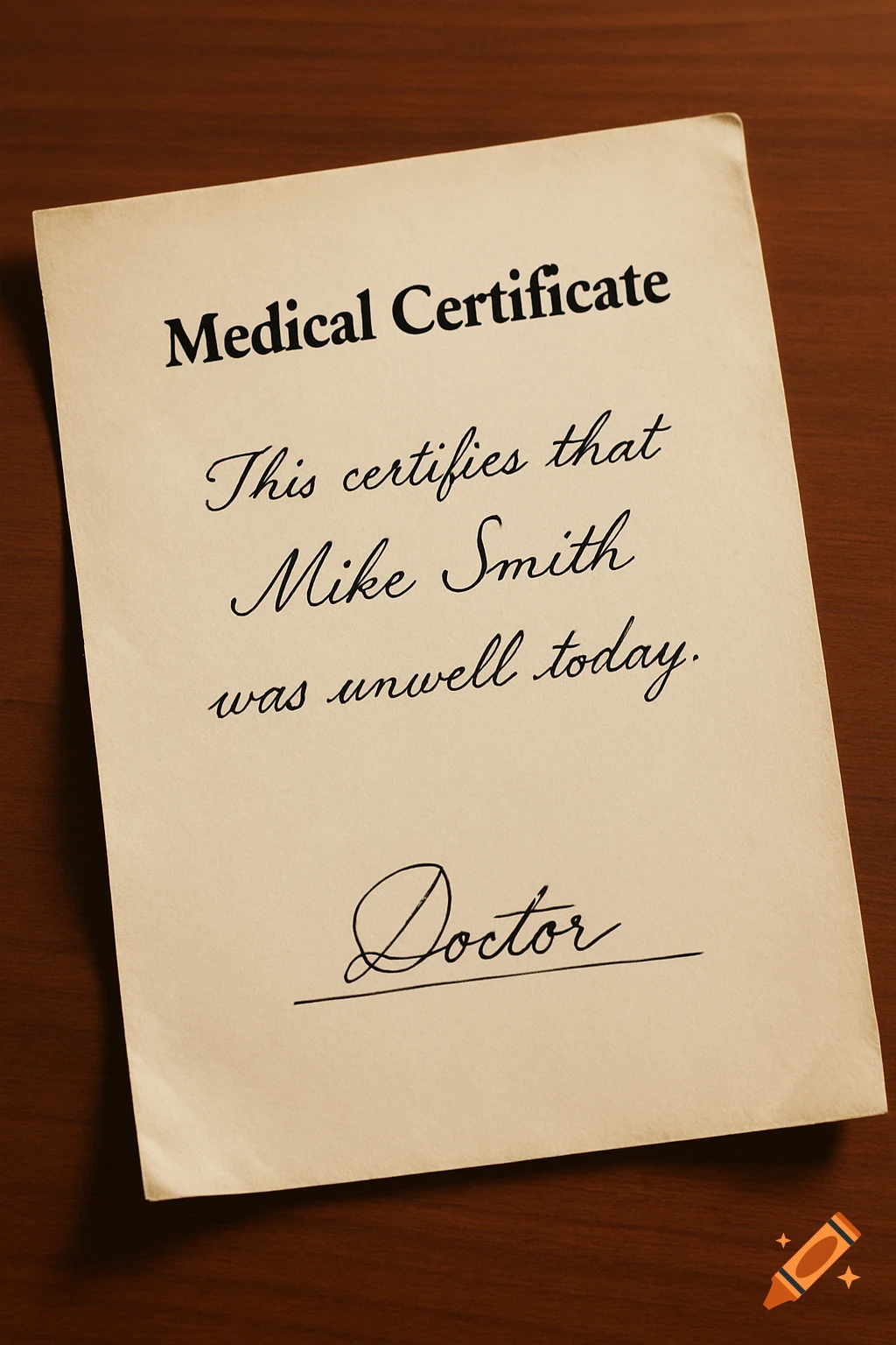 A medical certificate on a wooden desk stating Mike Smith was unwell today, signed by a doctor.