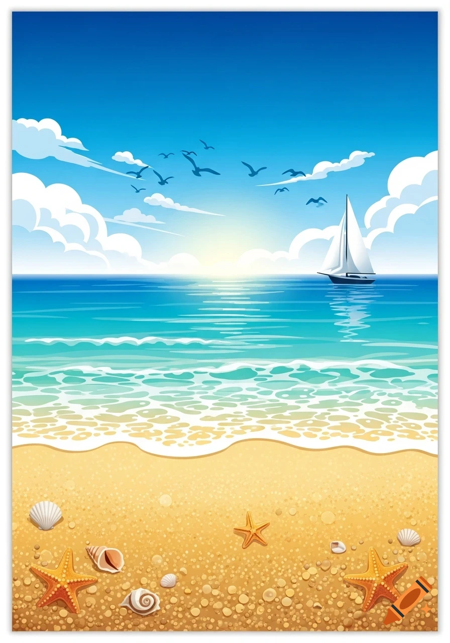 A colorful vector art illustration of a serene beach scene with a sailboat on the ocean, birds in the sky, and seashells on the sand.
