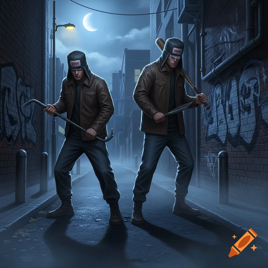 Two men in winter hats and jackets stand in a dark, misty alleyway with graffiti-covered brick walls. One holds a crowbar, the other a baseball bat and a knife. A streetlamp and crescent moon illuminate the scene.