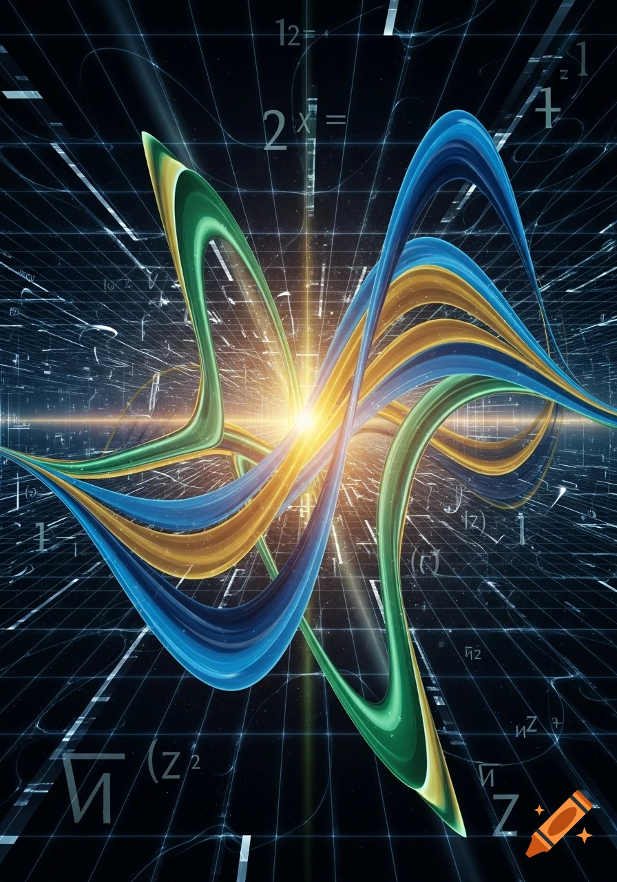 An abstract digital artwork features swirling blue, gold, and green ribbon-like forms against a dark, gridded background filled with mathematical symbols and a central bright light.