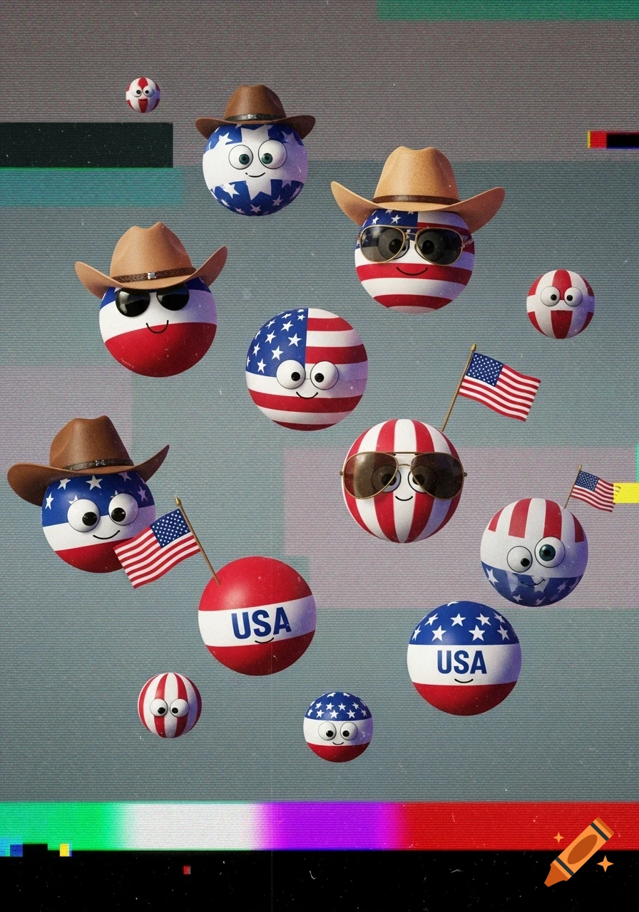 A group of cheerful cartoon country balls, some in cowboy hats or sunglasses, featuring USA flags and text, with a VHS effect.