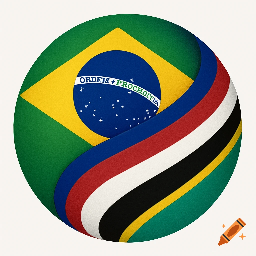 A circular logo featuring a prominent Brazilian flag, with a wavy ribbon of blue, red, white, black, yellow, and green, evoking a blend of flags.