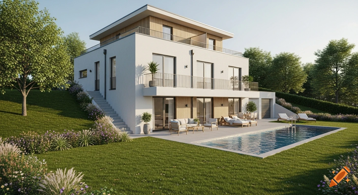 A modern multi-story white house with wooden accents and a flat roof, featuring a pool and lush garden under golden hour sunlight.