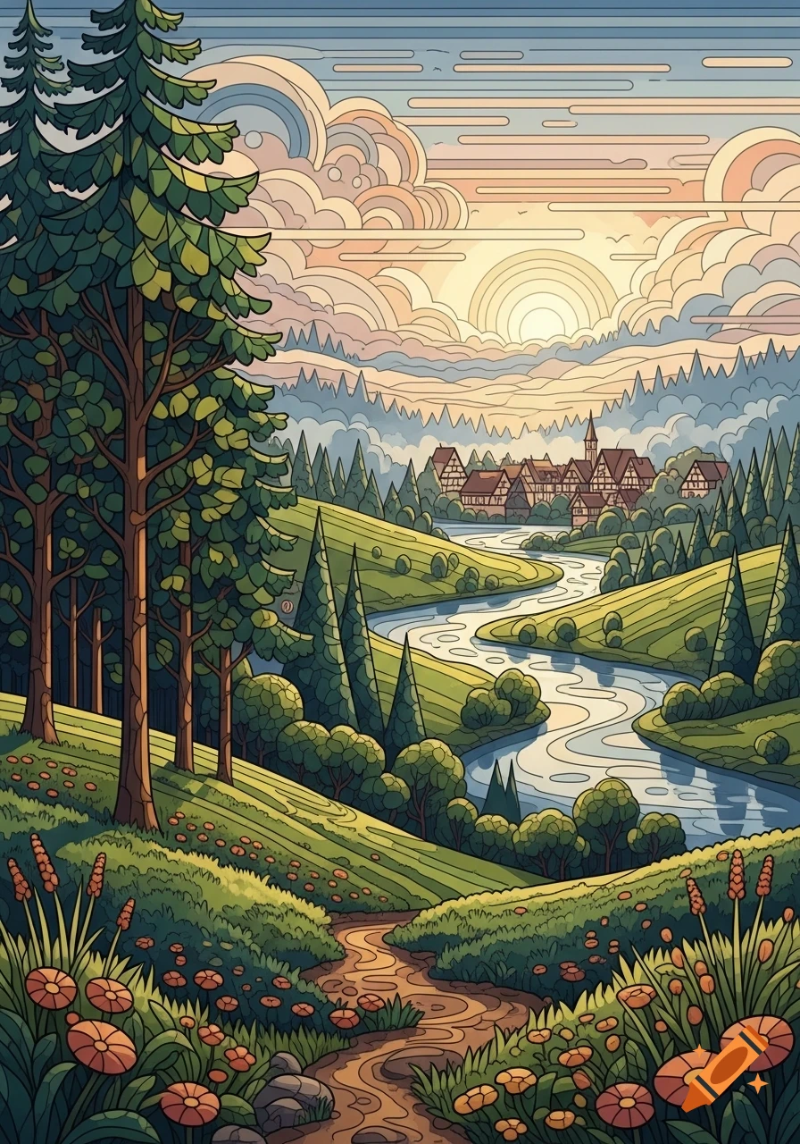 Vibrant, stylized landscape with rolling hills, a winding river, pine trees, and a distant German village under a colorful sunrise sky.