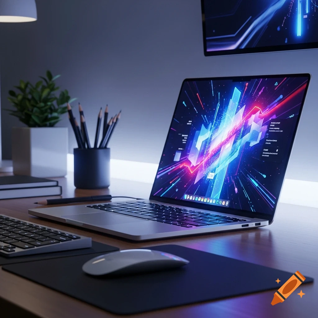 A modern laptop with a vibrant digital display on a wooden desk, alongside a mouse, keyboard, and potted plant, in a softly lit office setting.