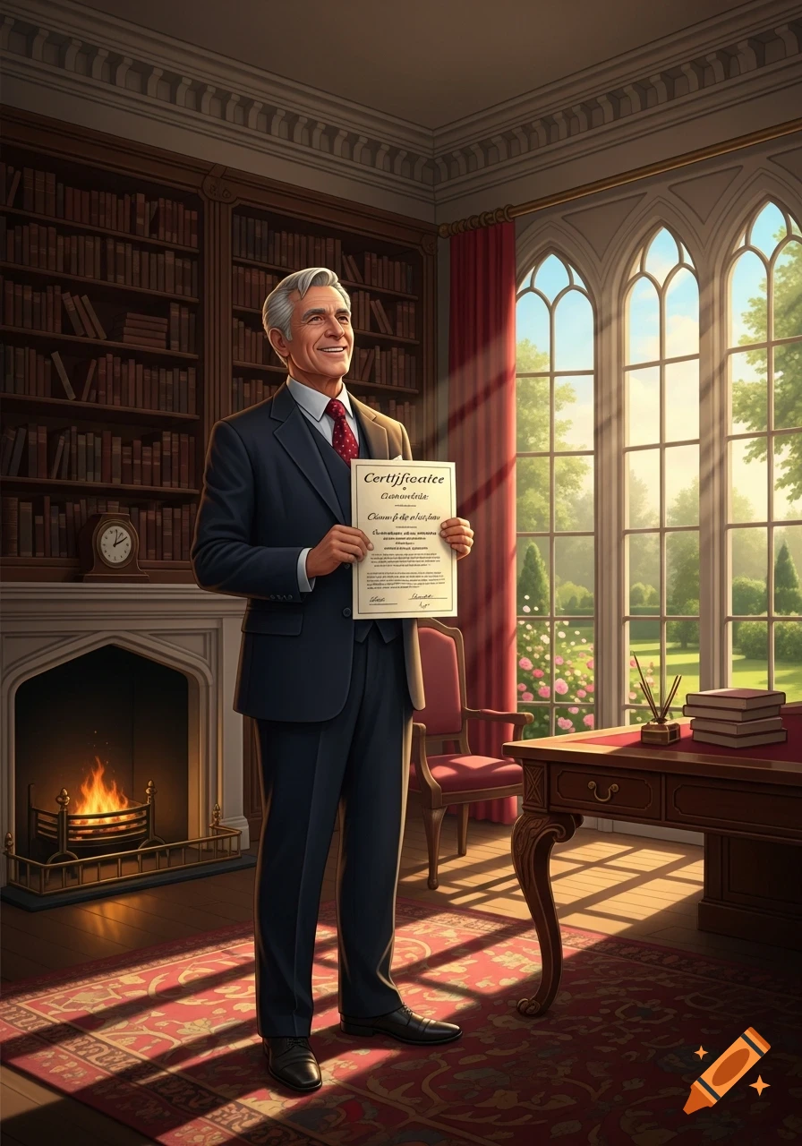 An older man in a suit holds up a certificate, smiling proudly in a grand, sunlit study with bookshelves and a fireplace.